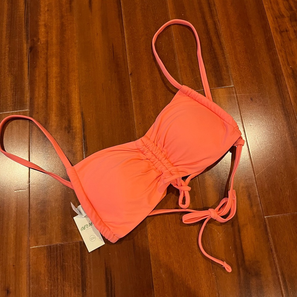 Aerie Bandeau Bikini Top Swim Neon Coral Cinched Tie Back New NWT Size Small